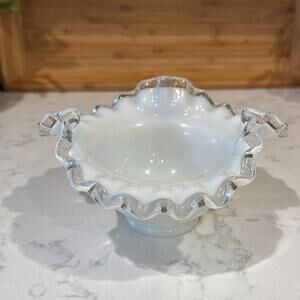 Vintage Fenton Silver Crest Ruffle Bowl White Milk Glass Clear Edge cottagecore
